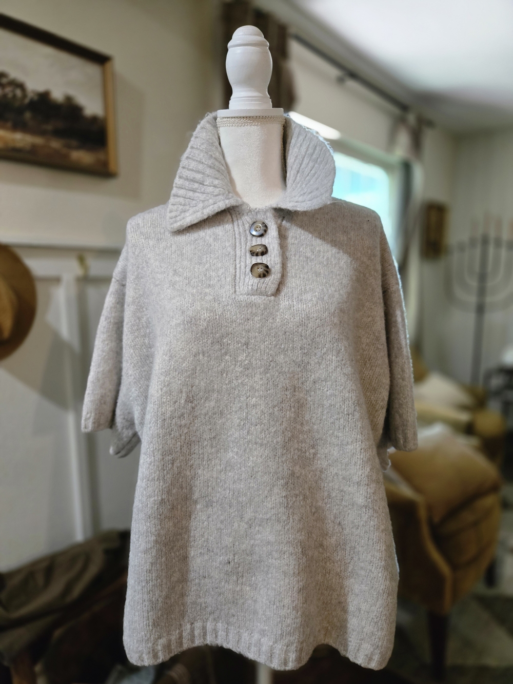 Zara Cream Short-Sleeve Turtleneck Sweater with Button Placket